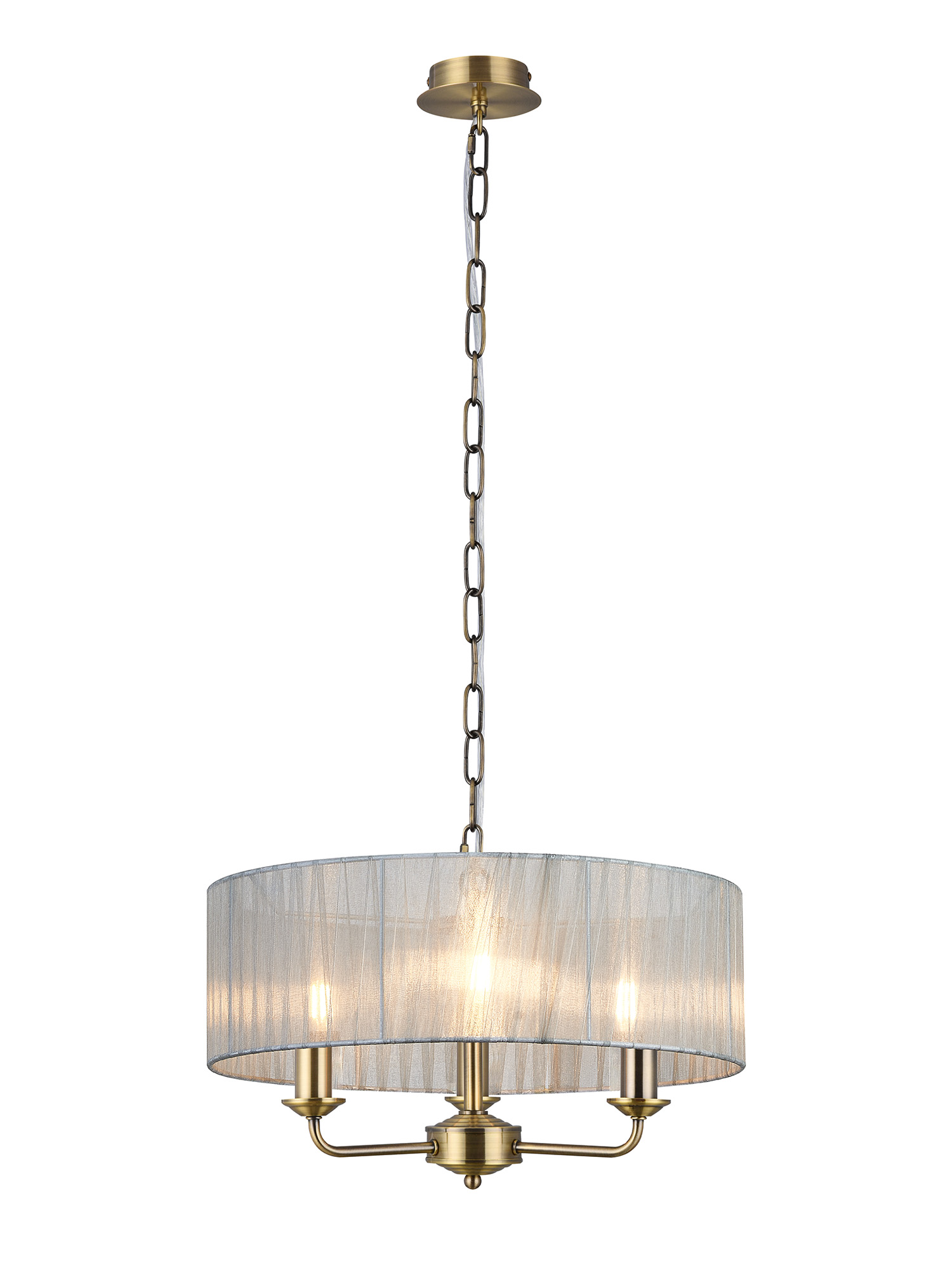 DK0871  Banyan 3 Light Multi Arm Pendant With 45cm x 15cm Organza Shade Antique Brass/Grey